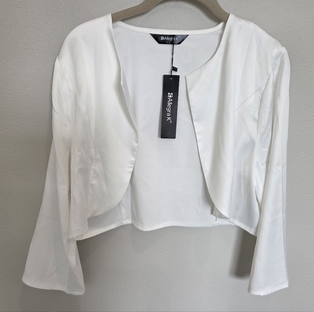 NWT Allegra K Soft White Open-Front Cropped Satin Formal Jacket Women Large